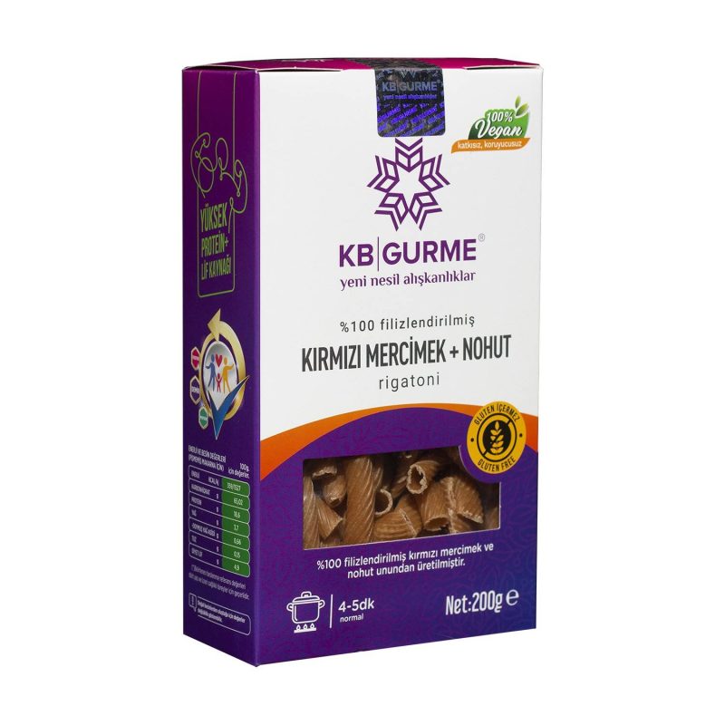 KB Gurme Glutensiz &amp; Vegan Kırmızı Mercimek Unu + Nohut Unu Makarna Rigatoni 200 Gr