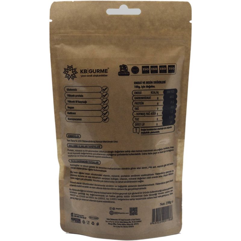 KB Gurme Glutensiz &amp; Vegan Filizlendirilmiş Kırmızı Mercimek Unu 500 Gr