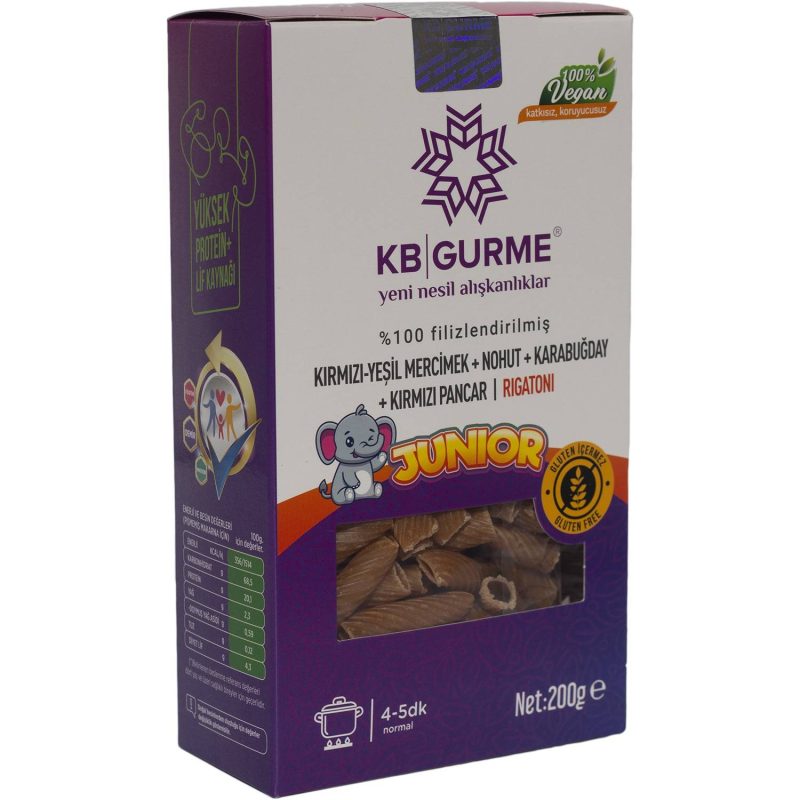 KB Gurme Glutensiz &amp; Vegan Filizlendirilmiş Bakliyat Unlarından Junior  Rigatoni 200 Gr